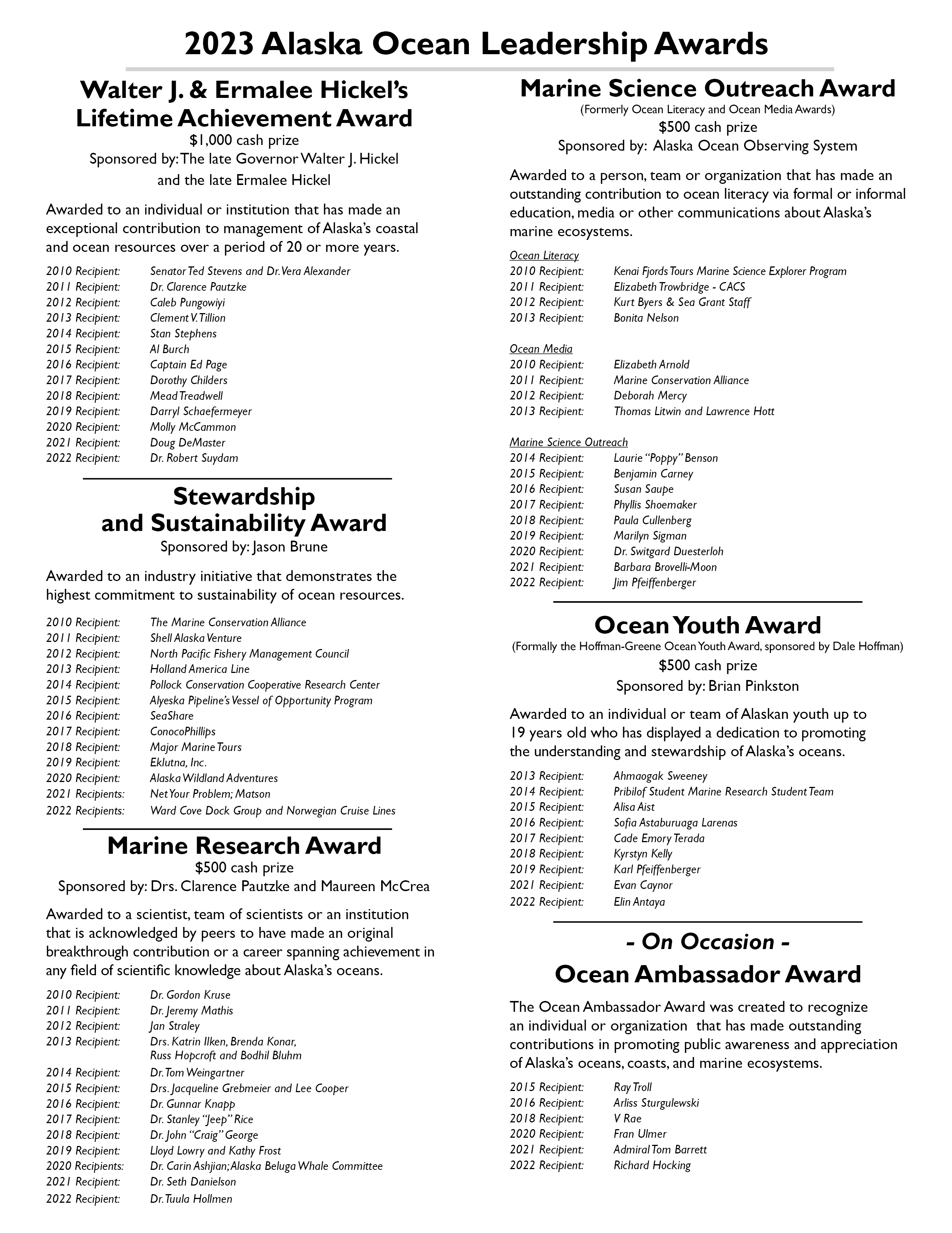 Past Ocean Leadership Award Winners